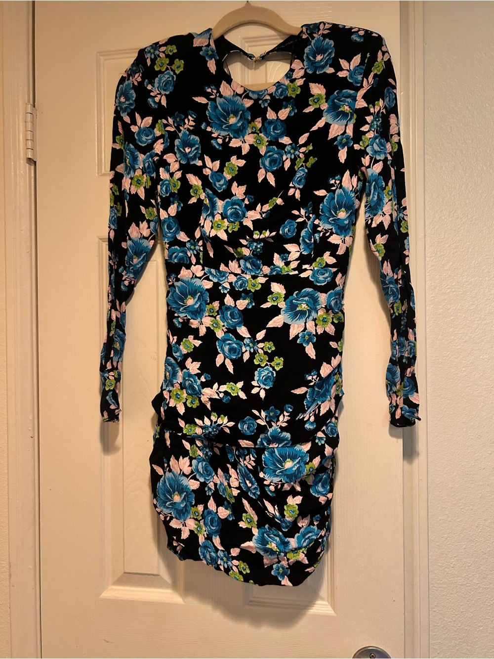 Zara Black Long-Sleeve Floral Bodycon Dress with Blue Blooms